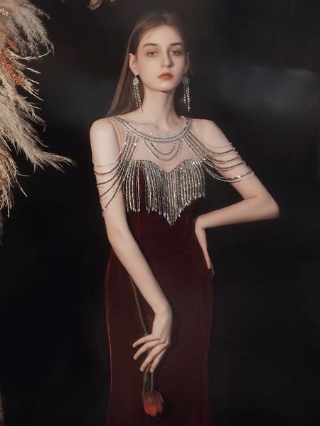 

elegant burgundy prom dresses beading with tassel mermaid slim o neck sleeveless backless formal party velevt evening gowns new, Black