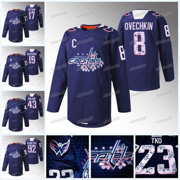 

capitals 2023 cherry blossom alex ovechkin jersey washington nicklas backstrom dylan strome evgeny kuznetsov tom wilson t.j. oshie john carl, Black;red