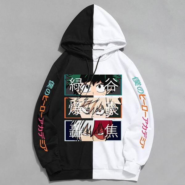 

mens hoodies sweatshirts anime my hero academia hoodies cool so todoroki bakugou deku pullover hooded sweatshirt patchwork mens long sleeve, Black