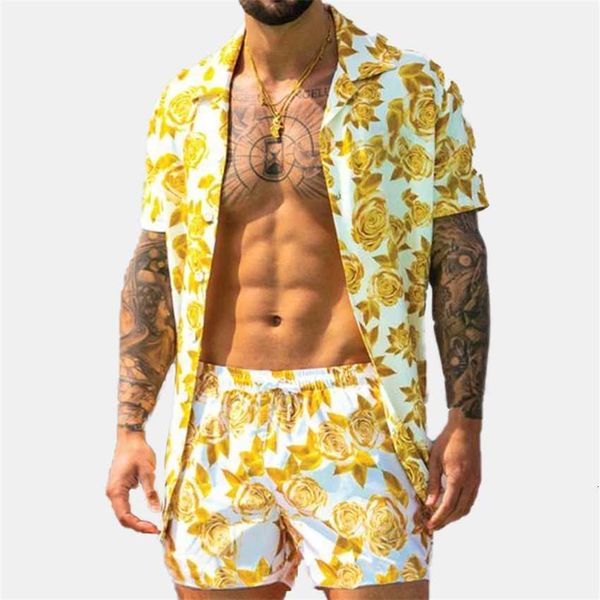 

men's hawaiian casual loose fitting beach wear three color printed short sleeve suit shirt two-piece set, White;black