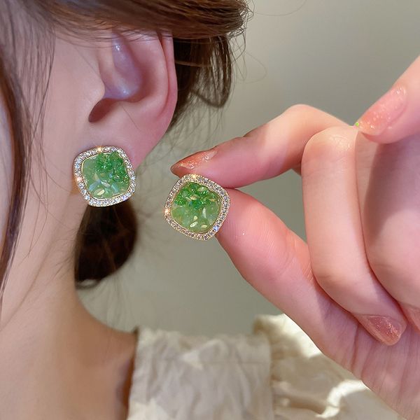 

afshor charm female luxury design green crystal stud earrings classic green zircon square stone earrings vintage gold color small earrings f, Golden