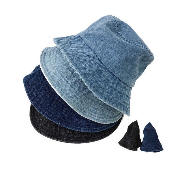 

wide brim hats foldable fisherman hat women summer cotton bucket hat washed denim bucket hats bob caps hip hop gorros men women g230323, Blue;gray