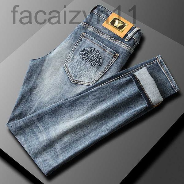 

men's jeans designer embroidered light for new mid waist elastic slim fit small leg long pants summer thin rnd9, Blue