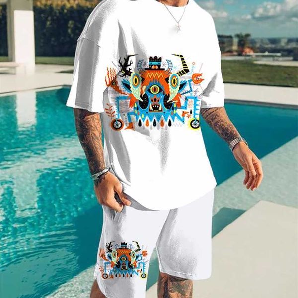 

2023 weiyi holiday men's abstract monster short sleeve set 3d t-shirt beach shorts casual comfort, White;black