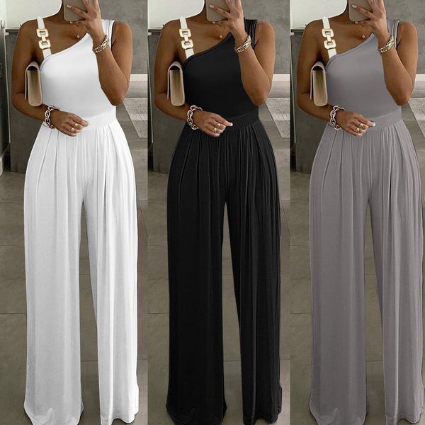 

women's jumpsuits rompers elegant jumpsuits woman outfit metal button strap party sleeveless rompers lady skew collar wide leg trousers, Black;white