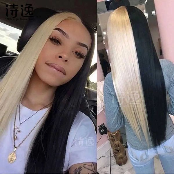 

#half 613 blonde half black 13*4 lace front human hair wigs 230323