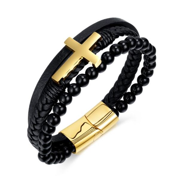 

personality leather bracelet chain hand-woven accessory bracelet stainless steel cross bracelet men's accessories 8.26inch, Black