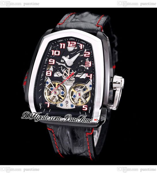

twin turbo jcfm05 double tourbillon automatic mens watch two tone pvd steel silver skeleton dial black leather strap red line super sports c, Slivery;brown