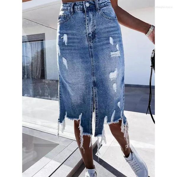 

fancy woman skirts 2023 summer denim for women high wasit leisure temperament women's streetwear collage hole a-line skirt, Black