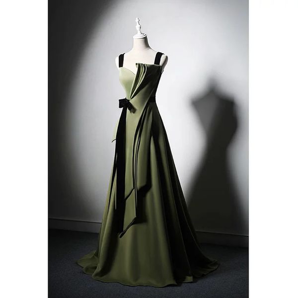 

olive green satin prom dress a-line spaghetti strap bow ribbon pleat long formal celebrity graduation party elegant evening gowns, Black
