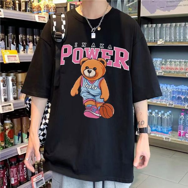 

mens tshirts inaka power tshirt funny pink basketball bear pattern print tshirt summer men women premium pure cotton tees oversized t shirts, White;black