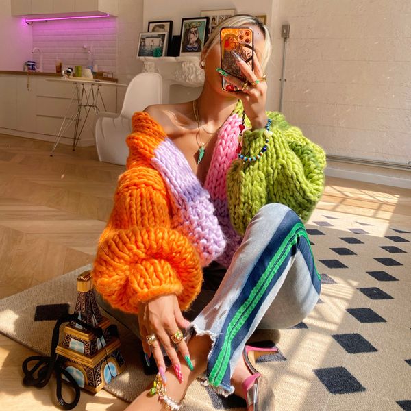 

women's knits tees boho inspired 100 handmade cardigan women color block lantern sleeve cropped coat cute winter knitted 230323, White