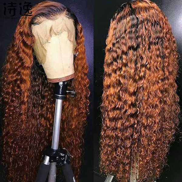 

t part lace real human hair cap cover 1b/30hl ombre hl water wave wig 230323, Black
