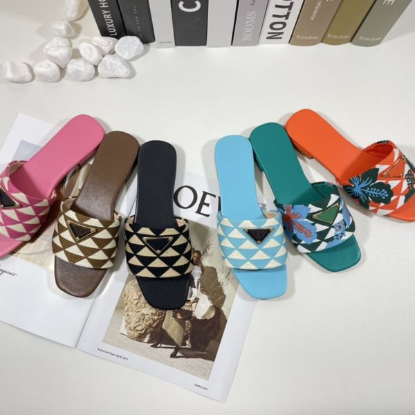 

2023 embroidered fabric slipper slides inverted triangle red blue slippers embroidery flat mules womens girls home flip flops casual sandals, Black