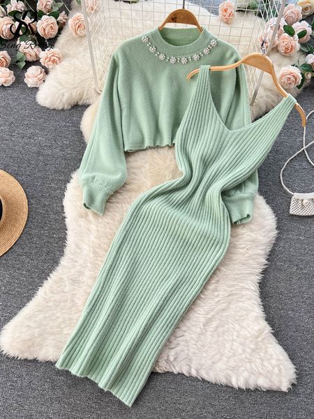 

two piece dress singreiny winter women knitted sets fashion breading long sleeve pearl sweaterknitted camis dress sets fashion sweater suits, White