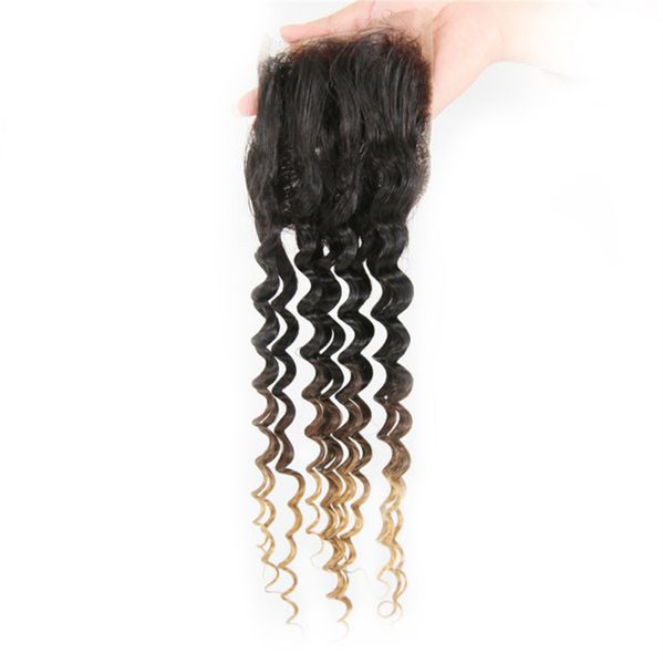 

brazilian human hair deep wave 4x4 lace closure 1b/4/30 ombre color closures with baby hair, Black;brown