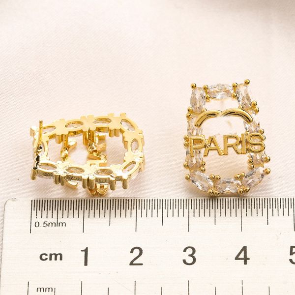 

women real gold plated designer zircon ear stud earrings steel seal fashion brand designers geometry letters crystal rhinestone earring wedd, Golden;silver
