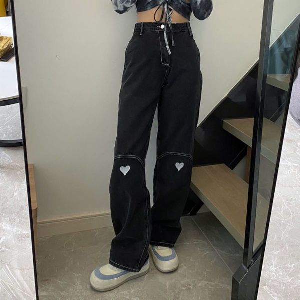 

women's jeans retro harajuku love jean show thin high waist black straight spring student simple trousers 2023 230323, Blue