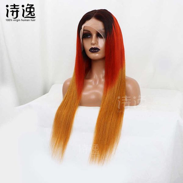 

red orange black ombre colored 13*4humanhair frontal lacewig 230323