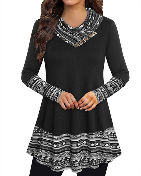 

casual dresses cowl neck tunics long sleeve patchwork form fitting casual a-line blouse, Black;gray
