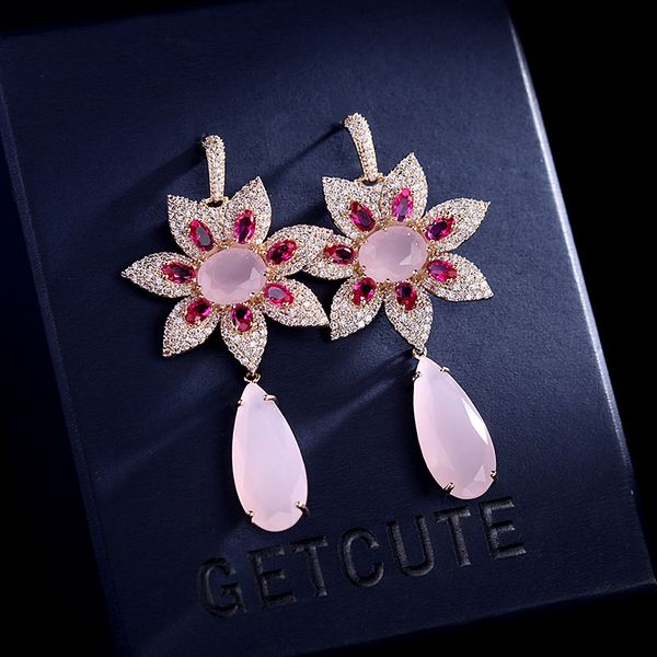 

zircon dangle earrings copper base flower drop-shaped fashion jewelry wemon 2pairs/lot, Silver