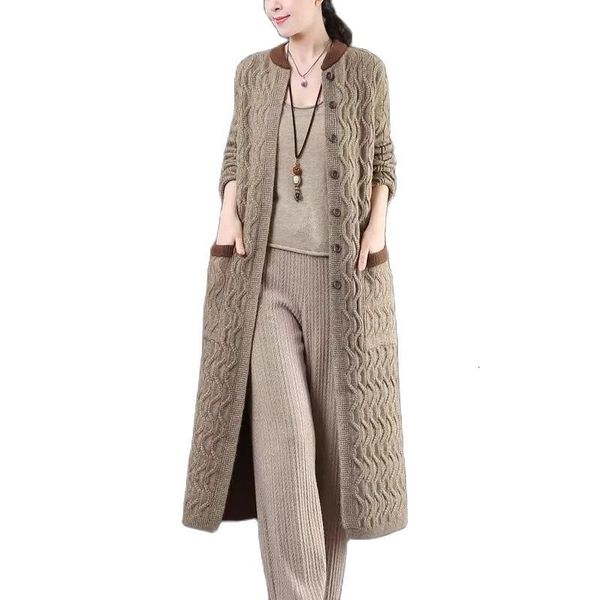 

women's knits tees autumn over the knee straight singlebreasted knitting literature and art cardigan long thicken sweater ladies jacket, White