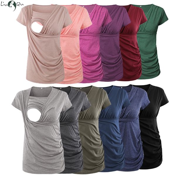 

maternity tees liu qu summer women's nursing casual short sleeve side ruched pregnancy breastfeeding shirt solid pregnant 230322, White