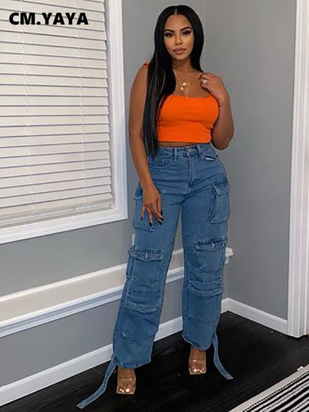 

women's jeans cmyaya women streetwear fashion pocket front lace hem straight denim pants 2023 ins safari style cargo wide leg 230323, Blue