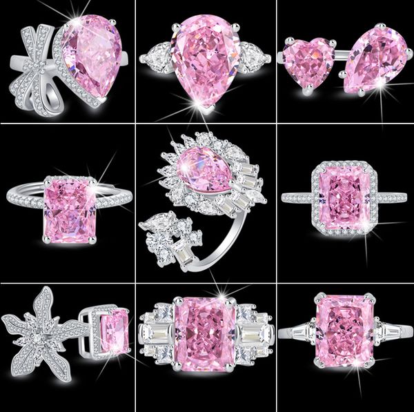

925 silver ring high carbon diamind pink heart flower style luxury jewelry wemon wearing, Golden;silver