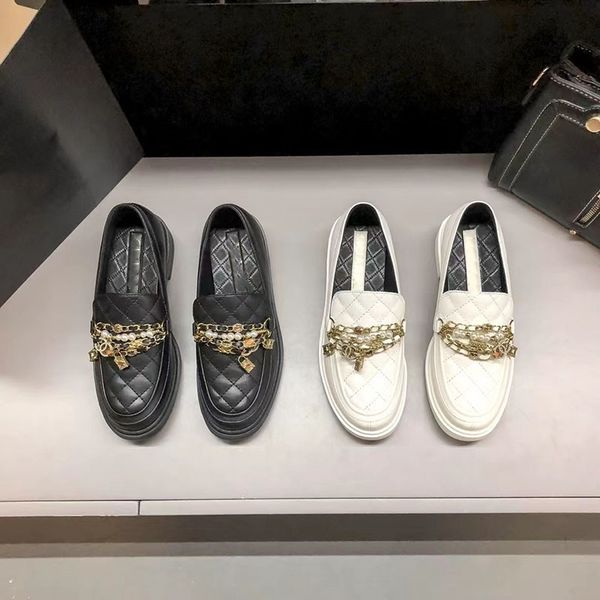 

black white classic quilted mules leather dress shoes slip on lambskin loafer women cha designer loafers gold chain pearl charm sandal low b