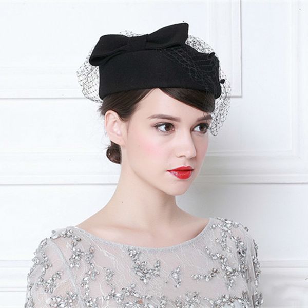 

stingy brim hats vintage french wool women beret winter felt hat with bow flat hats lady stewardess cap fedoras chapeau femme feutre 230323, Blue;gray