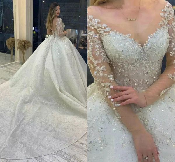 

2023 long sleeves wedding dresses bridal gown sequins lace applique beading tulle a line ruched chapel train custom plus size country beach, White