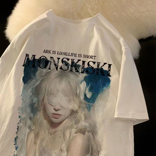 

women's tshirt pure cotton summer short sleeved tshirt men and women couple high street style dark element loose oversized t shirt 2303, White