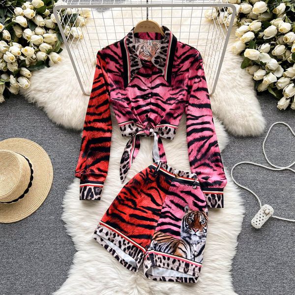 

women's jumpsuits romper tiger pattern tracksuits bow tie shirt mini shorts two pieces sets fashion clothing outfits blouses 230322, Black;white
