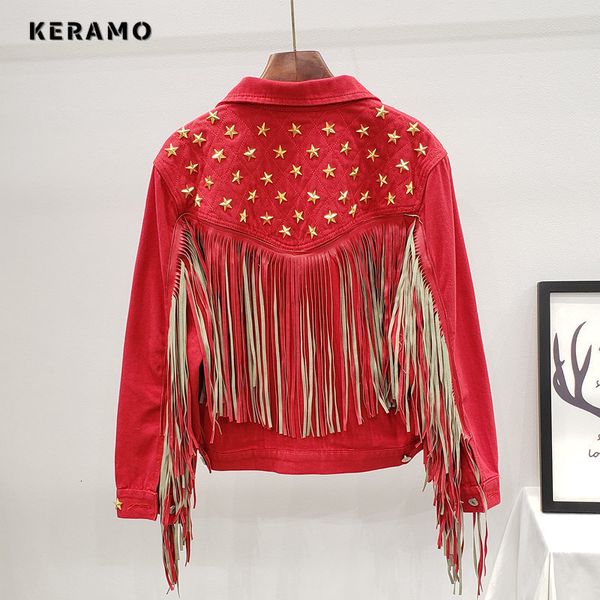 

women's jackets denim women autumn spring vintage star rivet suede fringe loose coat long sleeve outerwear female boho 230323, Black;brown