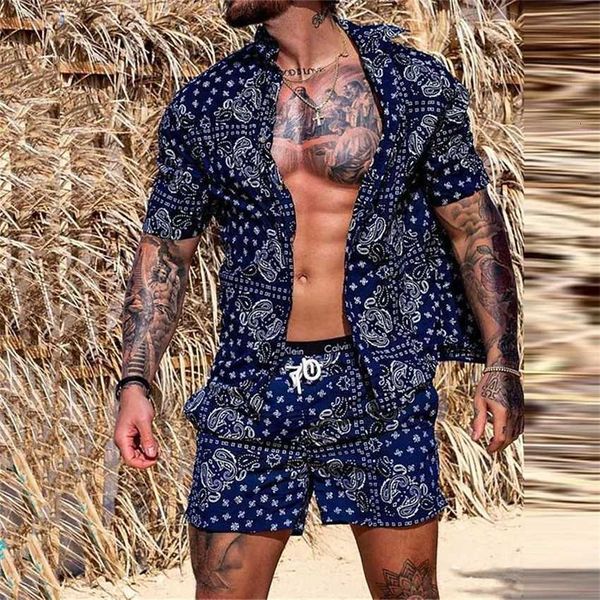 

men's summer beach style loose shirt hawaiian casual print set, Black