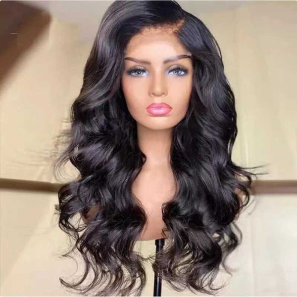 

chemical fiber high-temperature silk front lace wig black large wavy long curly hair center split head cover 230323