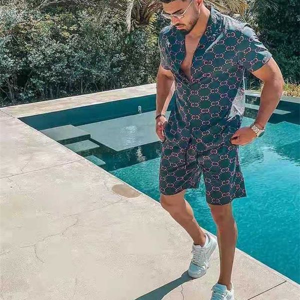 

2021 summer new print casual loose two piece beach suit men, Black