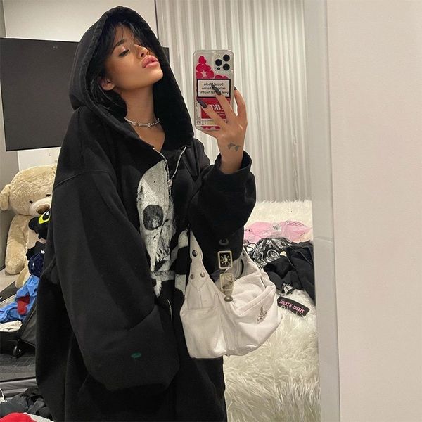

womens hoodies sweatshirts y2k clothes zip up oversize coat hip hop streetwear women sweatshirt skull graphics goth harajuku grunge jacket e, Black