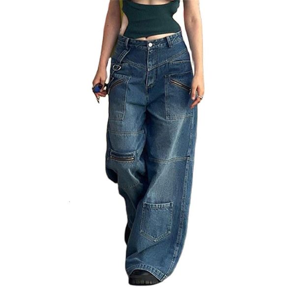 

women's jeans fashion europeusa style do old vintage jean high waist multipocket streamer straight type broad leg thick cowboy pants 23, Blue