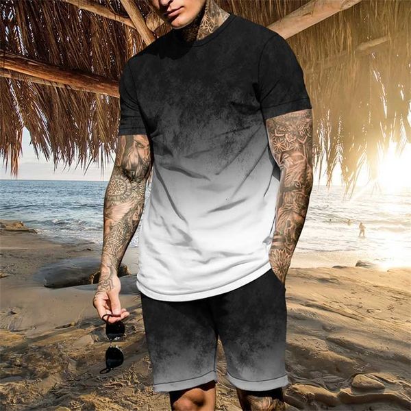 

2023 new casual set 3d digital print tie dye short sleeve shorts men's beach sports, White;black