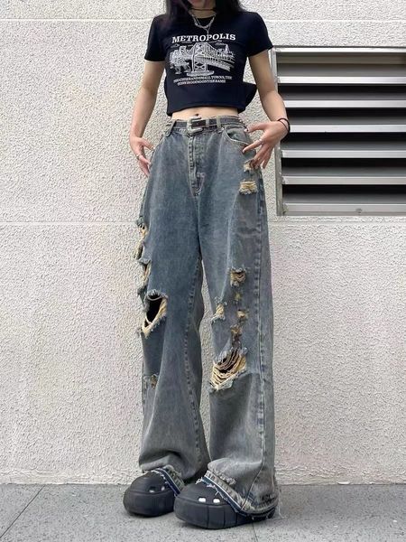 

women's pants s wide leg pant jean grunge y2k streetwear korean fashion blue trousers autumn vintage casual hole high waist bottoms 230, Black;white