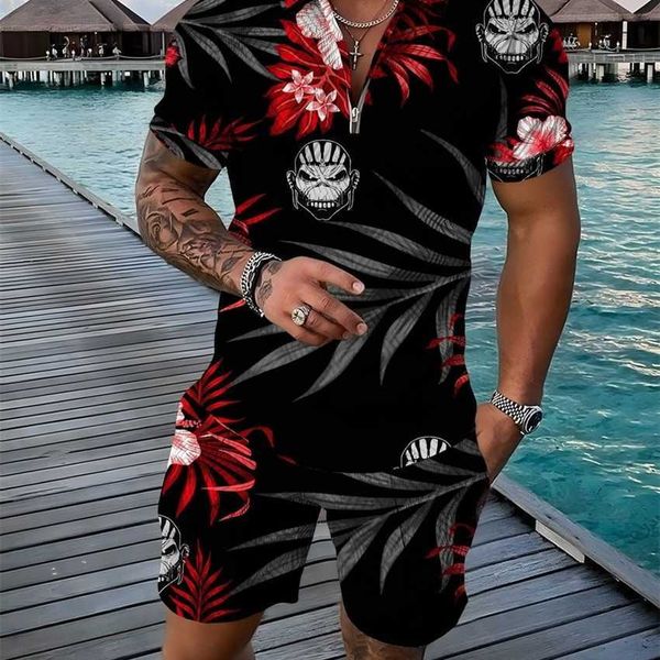 

2023 hawaii beach set street wear short sleeve polo shirt printed shorts breathable casual men's, White;black