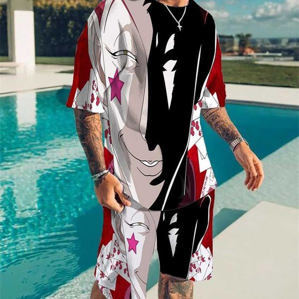 

new 3d print full time hunter cospaly peripheral animation short sleeve split beach pants set, White;black