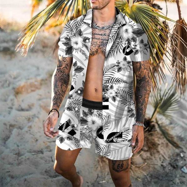 

hawaiian set men's short sleeve shirt summer casual 3d print beach two piece, Black