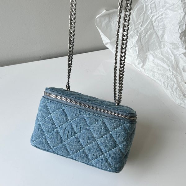 

23p womens camellia denim vanity box bag with mirror cosmetic case crush heart love bead silver metal hardware crosdsbody shoulder card hold