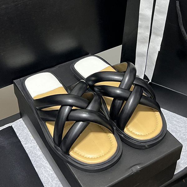 

spring and summer new bread slippers cross-foot beach channel slippers women's shoes designer sandals heel height sandals flat slippers, Black