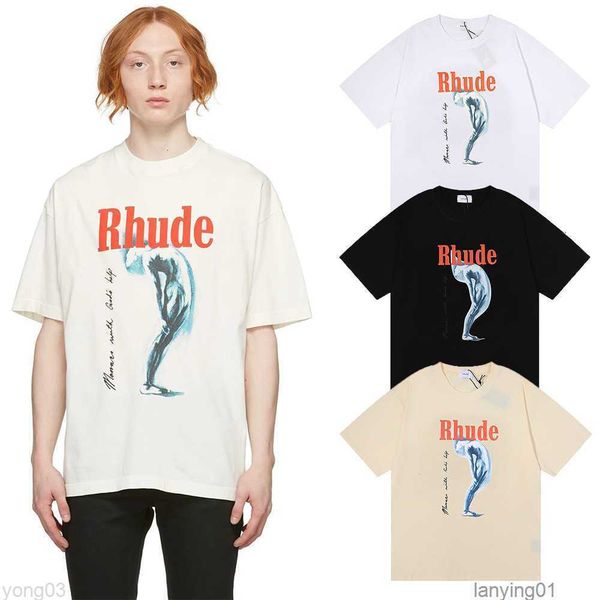 

2023 new men's t shirt north american high street brand rhude fashion minority monaco with gold help tortured goddess short sleeve for, White;black
