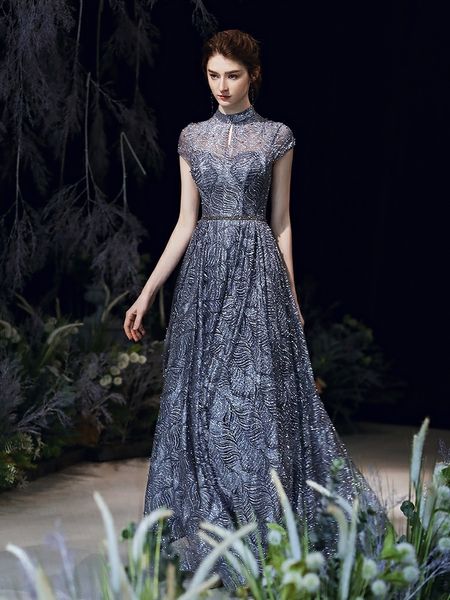 

gorgeous blue gray evening dresses cap sleeve shiny sequined arabic high neck a line long backless party celebrity prom gowns 2023, Black