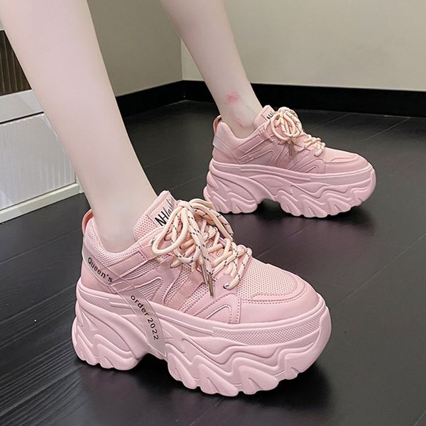

dress shoes rimocy women's pink chunky sneakers breathable platform sports shoes woman lace up thick sole casual shoes zapatillas mujer, Black